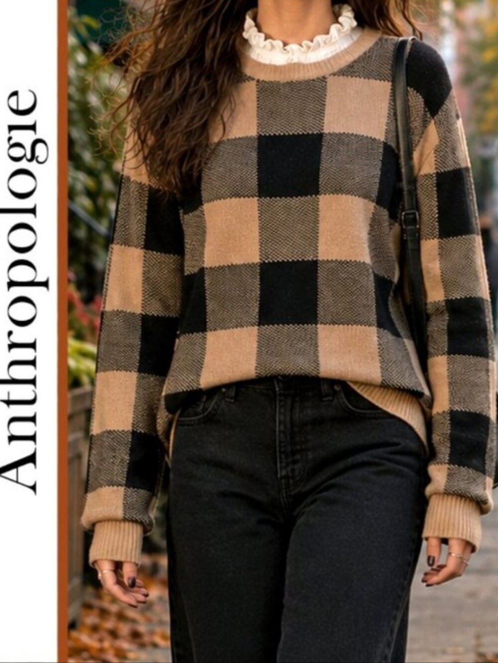 Anthropologie Tan & Black Buffalo-Check Crewneck Sweater with Ruffle Collar